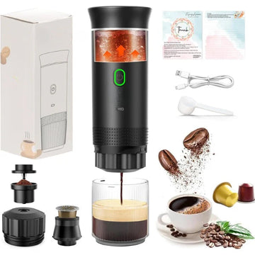 ForKumi travel espresso maker with accessories and fresh brewed coffee setup