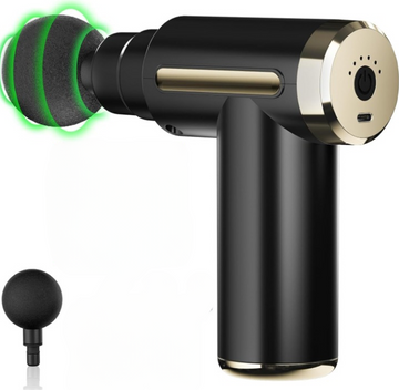 ForKumi mini percussion massage gun in black and gold with two massage heads for targeted muscle relief