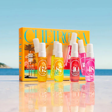 ForKumi warm gourmand perfume mist collection with colorful bottles and bright yellow packaging