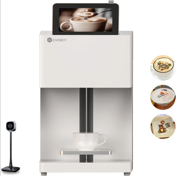 Evebot custom coffee art printer in white designed for precise printing on coffee surfaces