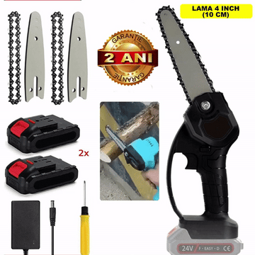 ForKumi 24V mini chainsaw kit with 4 inch blade, two batteries, charger, extra chains, and screwdriver