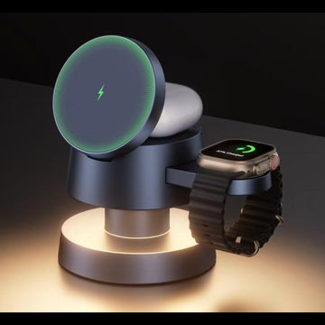 Avis wireless charging night light with multiple device charging docks and soft ambient glow