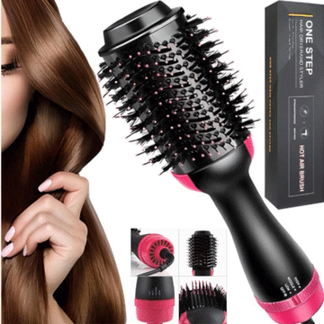 ForKumi 1000W hot air brush styler with black and pink design and round bristle brush for styling hair