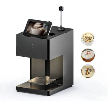 Black photo latte printer with touchscreen display and camera for printing custom latte art designs