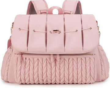 ForKumi pink lightweight diaper backpack with quilted front pocket and adjustable straps