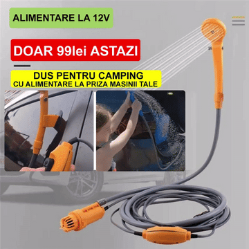 ForKumi 12V portable camp shower with orange handheld nozzle and long gray hose for camping use