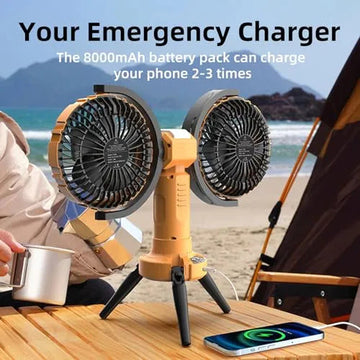 ForKumi portable camping fan with battery featuring dual fans and 8000mAh emergency charger on beach table