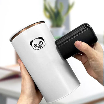 My Store portable pocket label printer printing a panda design on a white cylindrical container