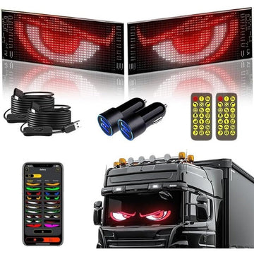 ForKumi programmable LED car sign with red eye design, remote controls, USB cables, and smartphone app for trucks