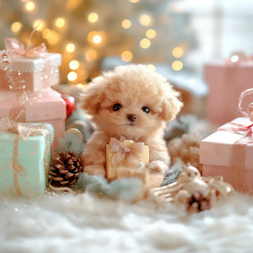 ForKumi realistic robotic puppy plush surrounded by pastel gift boxes and holiday decorations