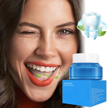 ForKumi enamel safe teeth whitener showing smiling woman with white teeth and blue whitening powder container
