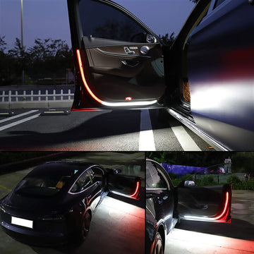 ForKumi car door LED strip lights installed on a black car door lighting up red at night