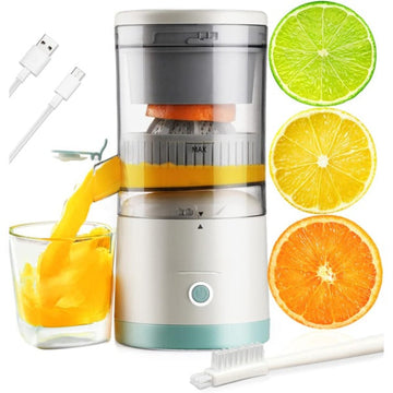 Avis USB-C cordless citrus juicer extracting juice into glass with lime lemon and orange slices