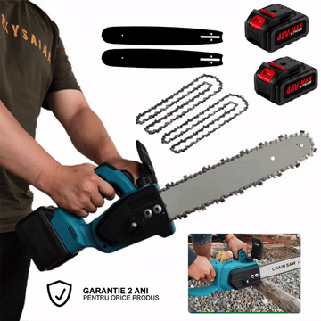 ForKumi 48V cordless chainsaw kit including chainsaw, two batteries, two chains, and two guide bars