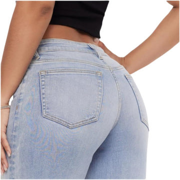 Avis mid-low stretch jeans for women in light blue denim showing back and pocket details