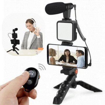 ForKumi vlog creator kit with microphone including tripod, LED light, and remote control for digital series