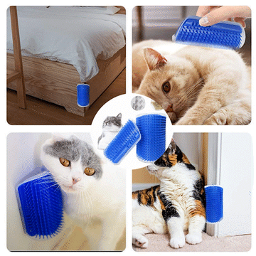 ForKumi wall mounted cat brush in blue used by cats for self-grooming on furniture and walls