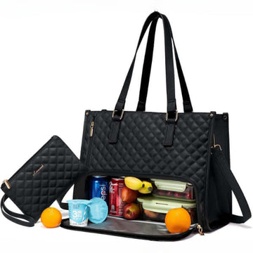 ForKumi waterproof laptop tote bag in black with quilted design and insulated compartment for food and drinks