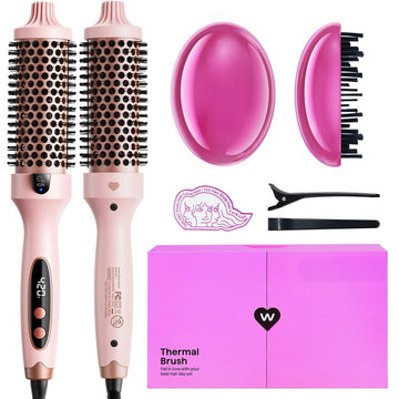 Avis ionic thermal styling brush set with two round brushes, detangling brush, hair clips, and pink storage box