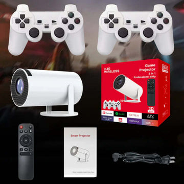 ForKumi digital series wireless HD projection controller with white gamepads, projector, remote, and accessories