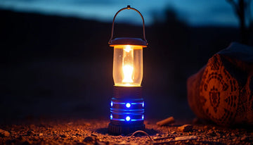 Glowing portable camping lantern on rocky ground at night showcasing the best portable solar camping lanterns 2025