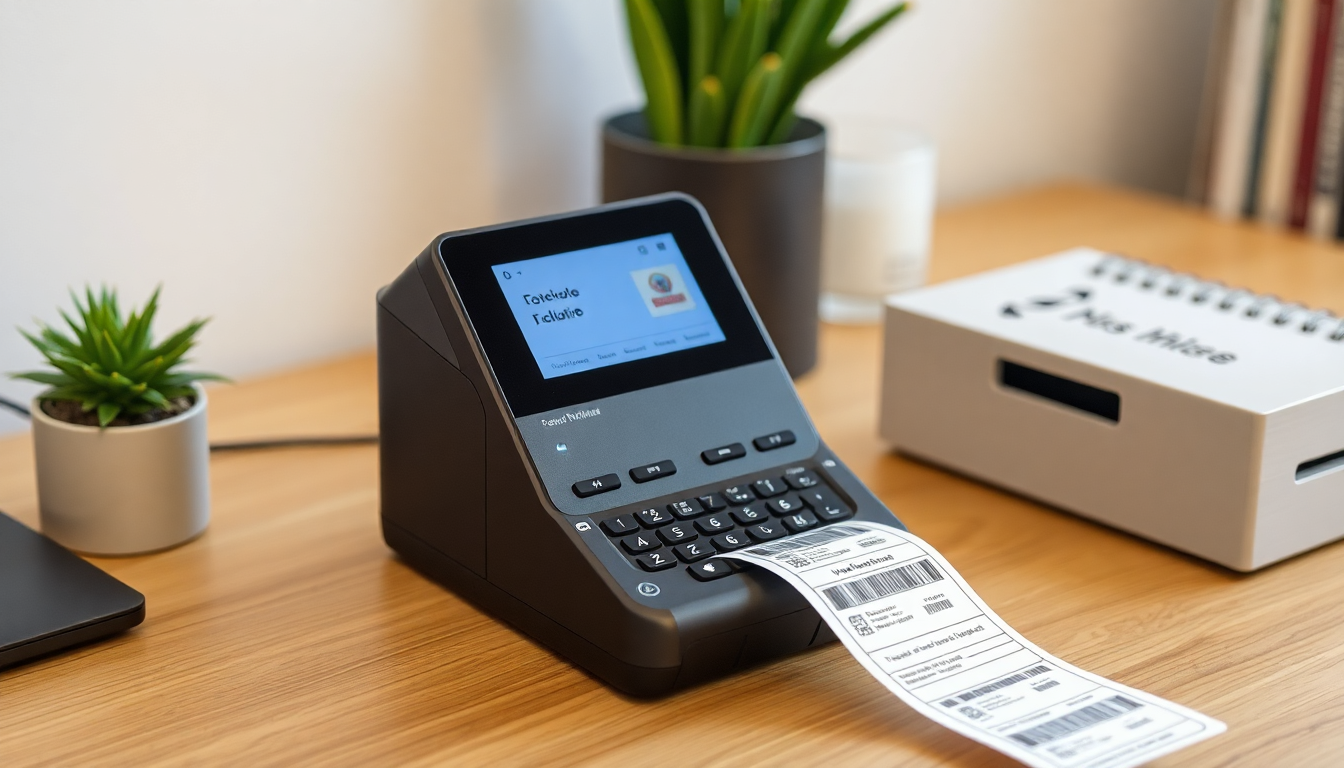 A portable label printer printing labels on a desk