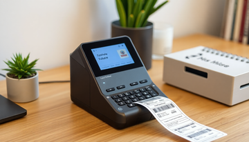 A portable label printer printing labels on a desk