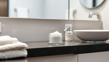 A sleek bathroom counter with teeth whitening powder jar