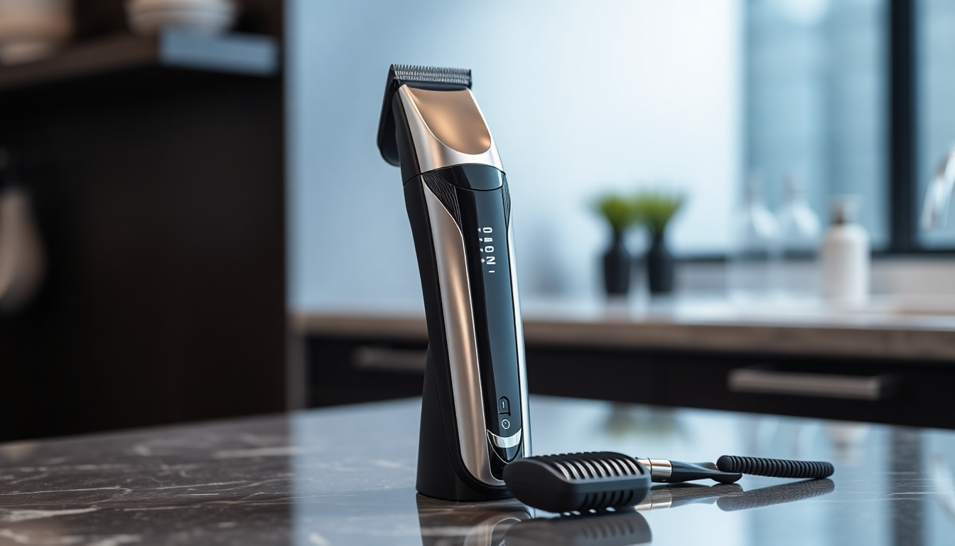 Sleek digital hair clipper and attachments displayed on a countertop featuring the best digital hair clippers 2025