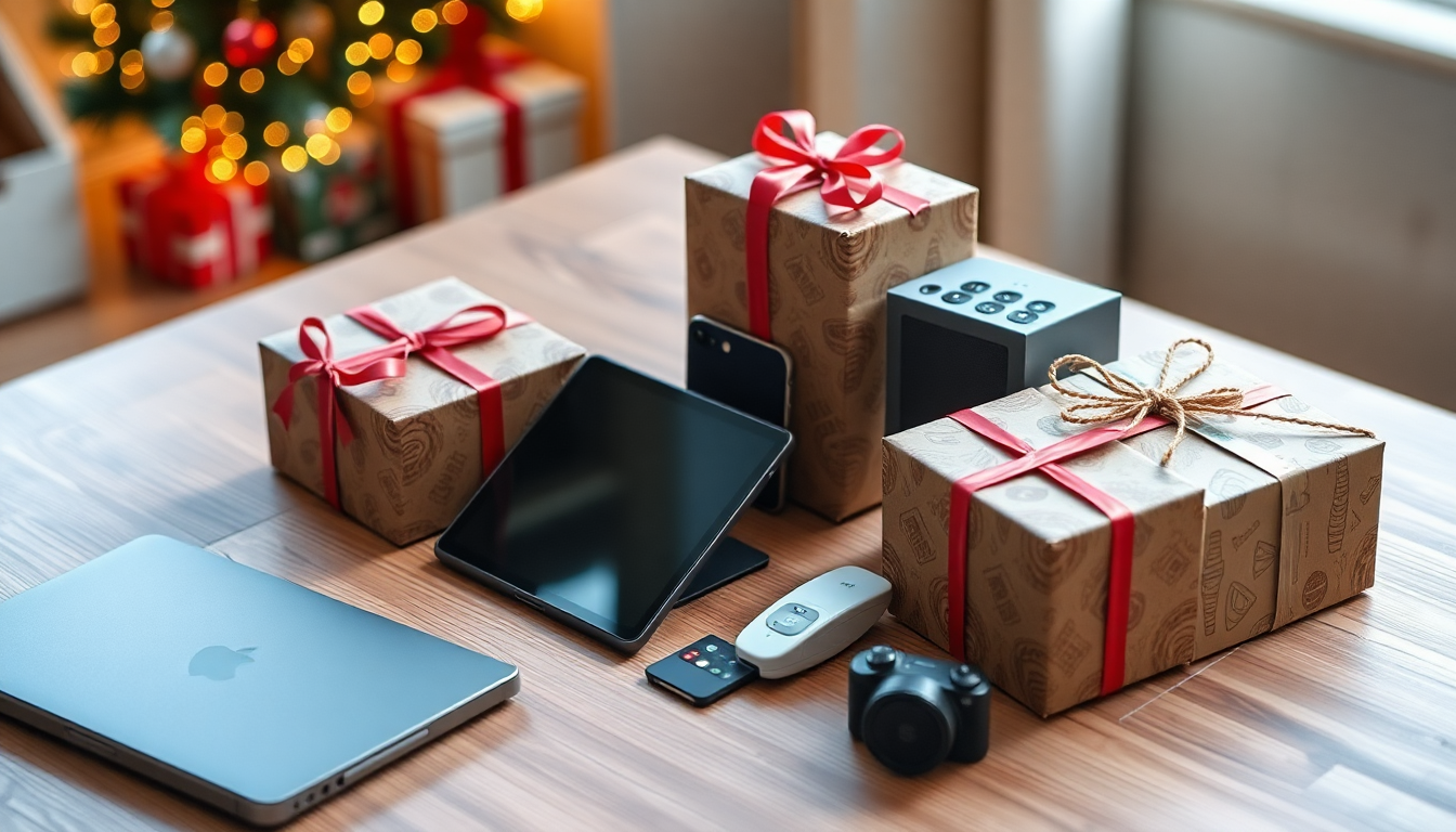 Gift-wrapped tech gadgets on a sleek wooden table