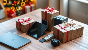 Gift-wrapped tech gadgets on a sleek wooden table