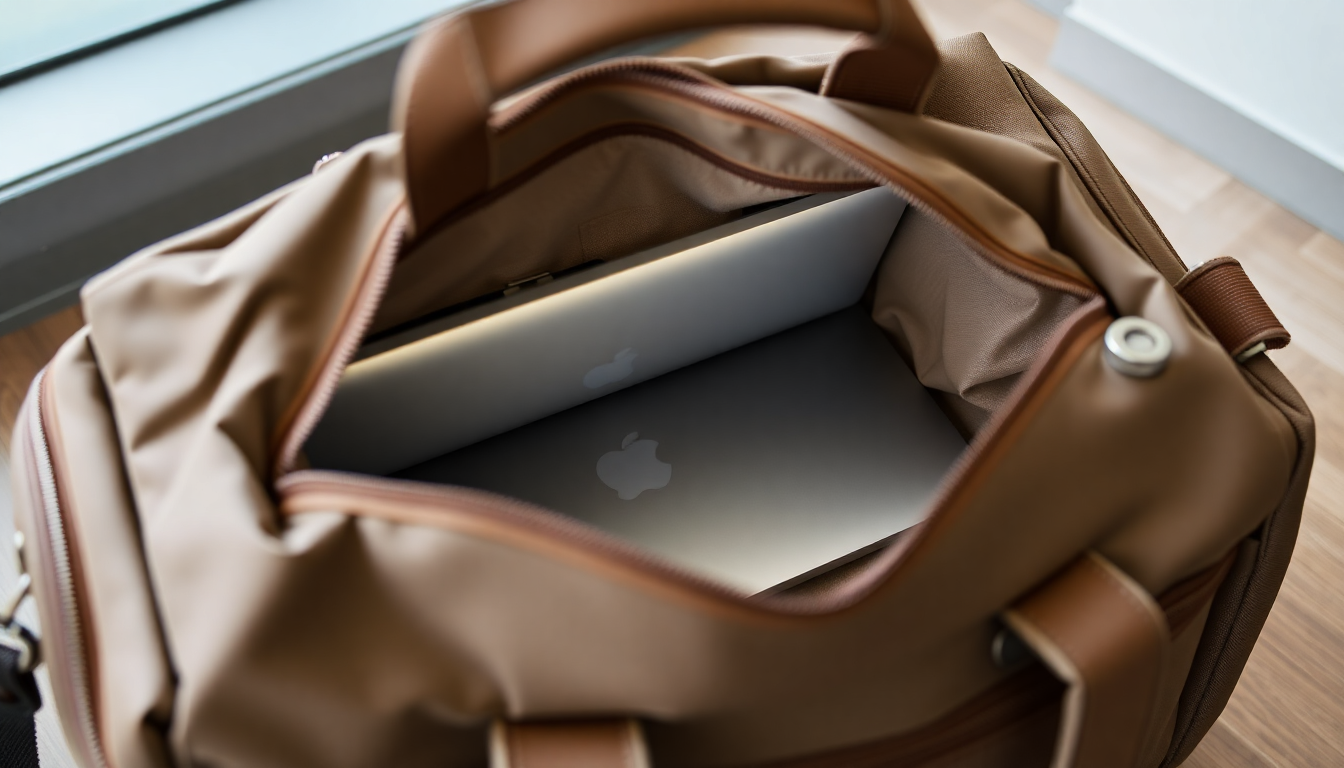 A travel duffel bag with visible laptop compartment