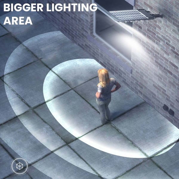 ForKumi 150W solar motion light outdoor mounted on brick wall illuminating large area on pavement