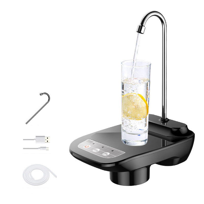 ForKumi 2-mode electric water pump in black dispensing water into a glass with lemon slice
