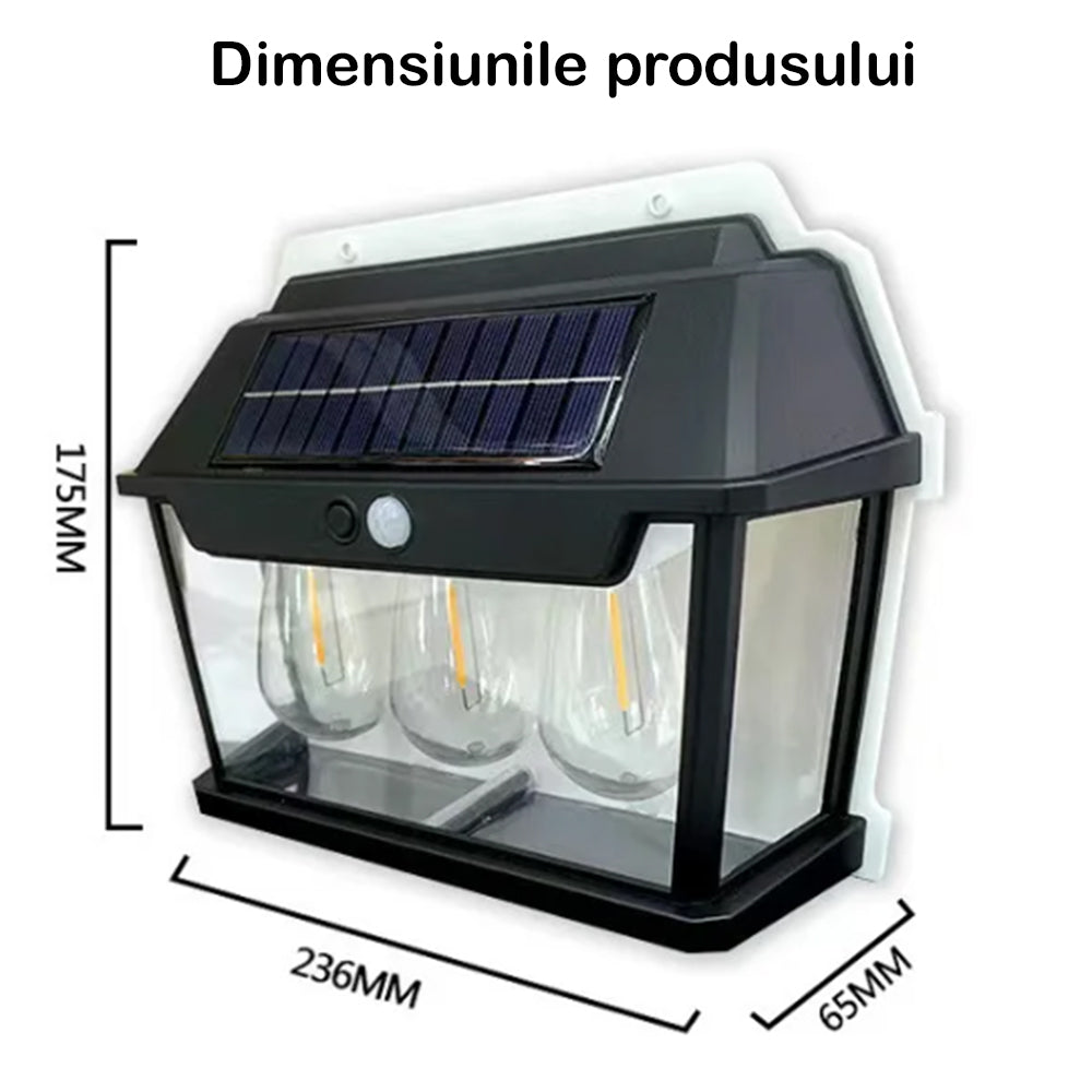ForKumi 3 LED solar wall light with clear glass panels and solar panel on top for outdoor use