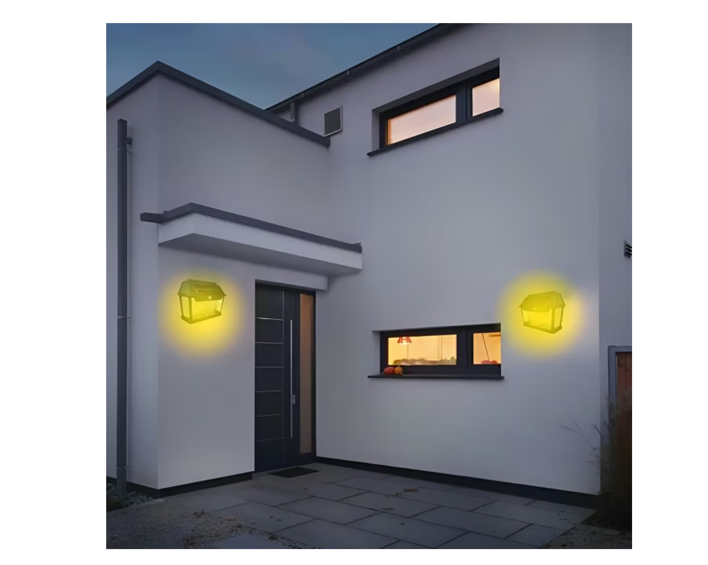 ForKumi 3 LED solar wall light mounted on exterior white house walls illuminating entrance at dusk