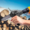 ForKumi 4 inch drill to saw adapter kit attached to a drill cutting logs in outdoor setting