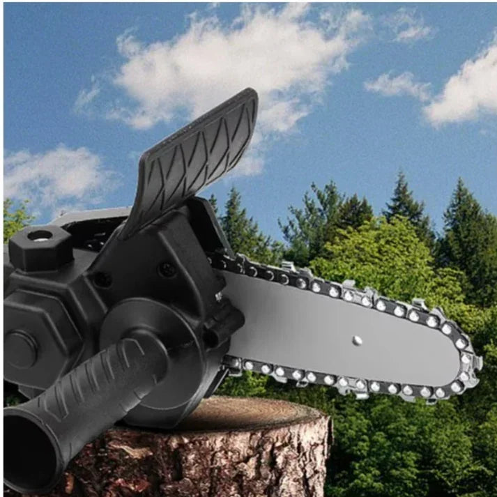 ForKumi 4 inch drill to saw adapter kit attached to a black handheld chainsaw on tree stump