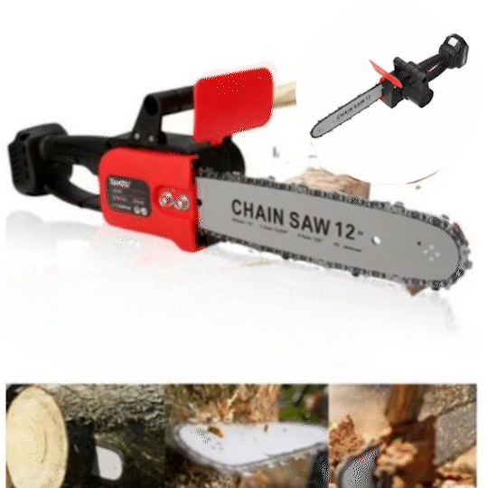 ForKumi 48V dual-blade lawn mower chainsaw cutting wood with 31cm blades and 48V battery