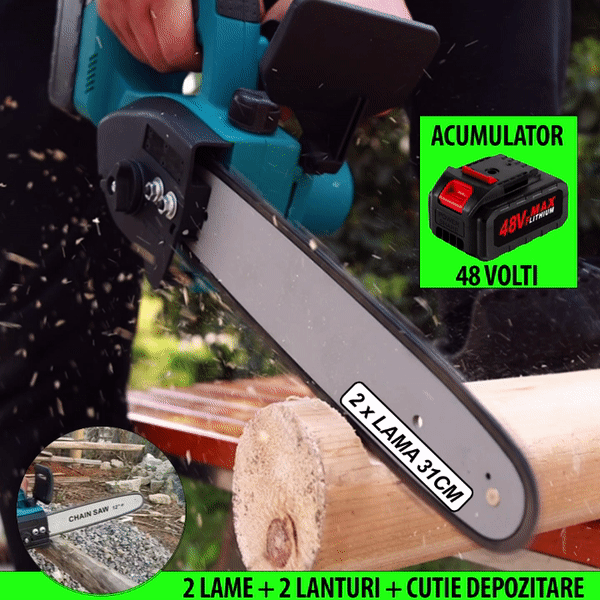 ForKumi 48V dual-blade lawn mower chainsaw cutting wood with 31cm blades and 48V battery