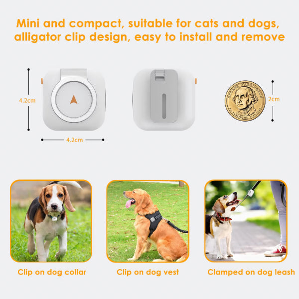 ForKumi 4G GPS pet tracker collar with compact clip design shown clipped on dog collar vest and leash