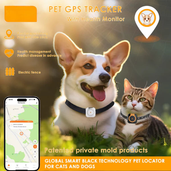 ForKumi 4G GPS pet tracker collar on dog and cat with mobile app showing location and health monitoring features