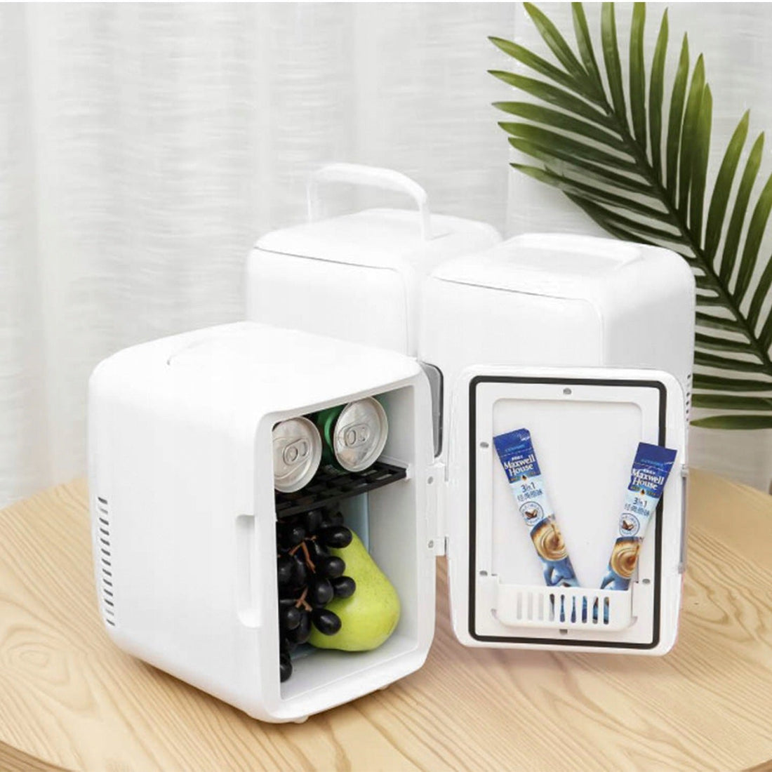 ForKumi 4L mini car fridge in white with open door showing cans inside and power cord