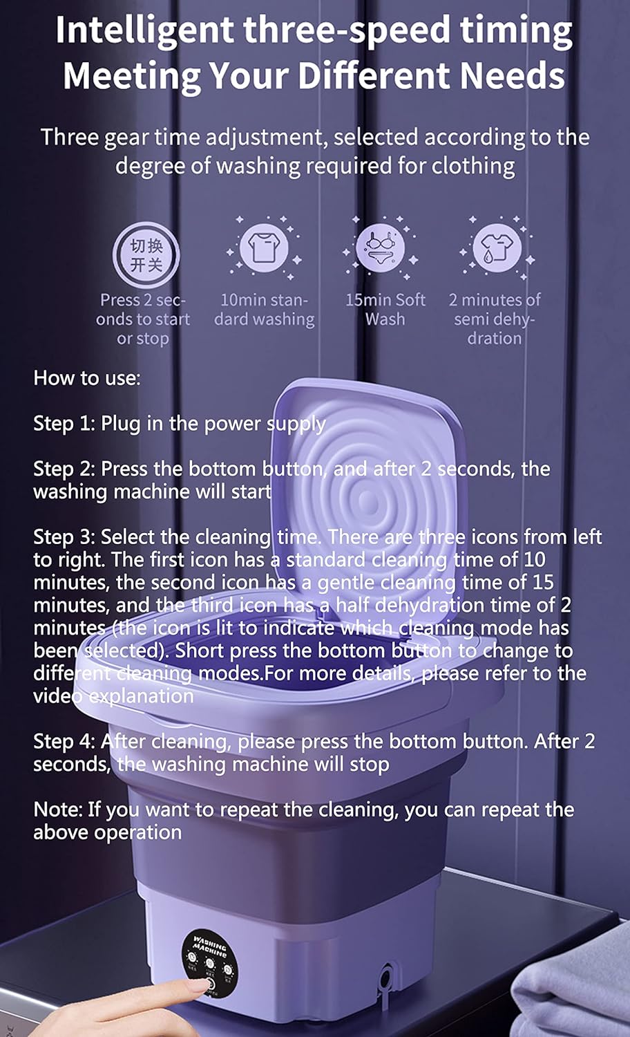 ForKumi 9L compact laundry machine in light purple with three-speed timing and simple control panel