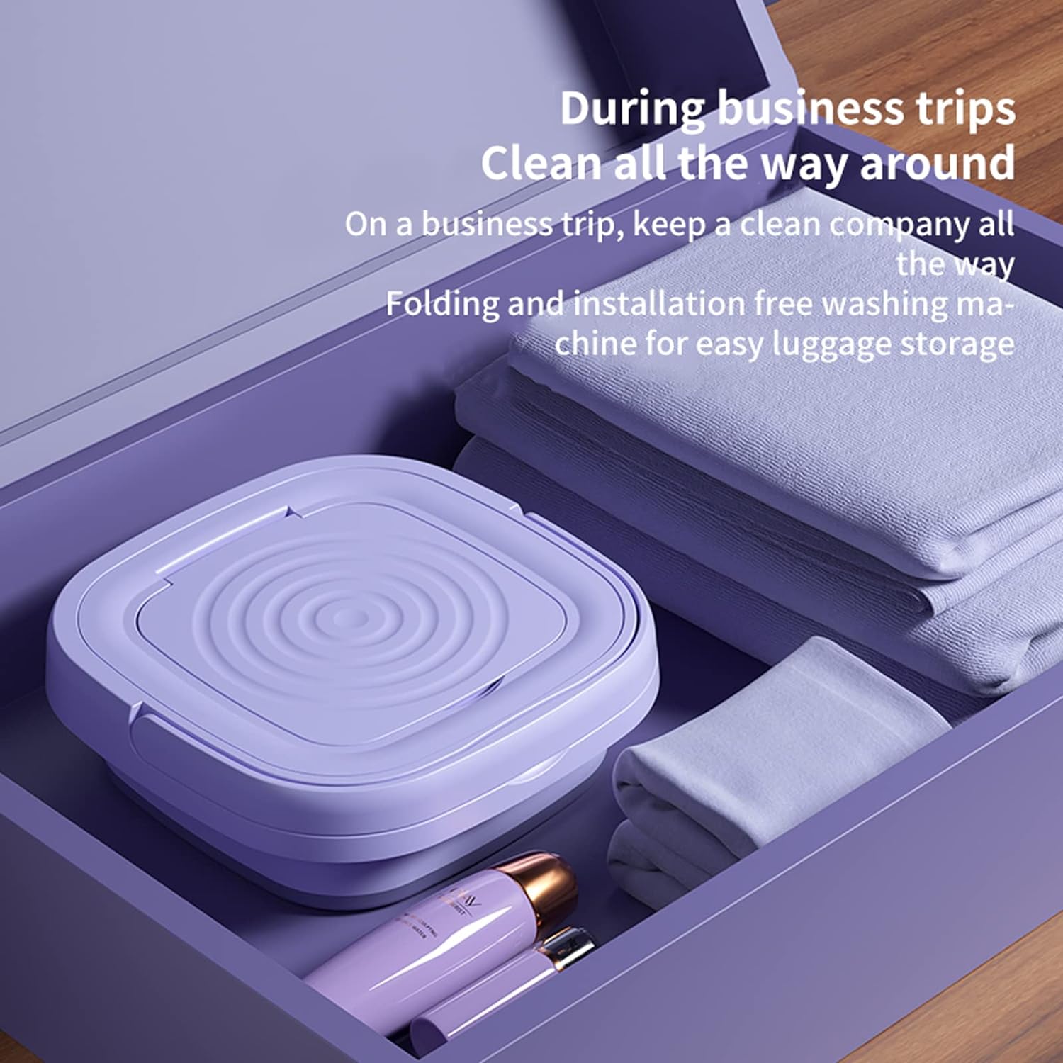 ForKumi 9L compact laundry machine folded for easy luggage storage during business trips