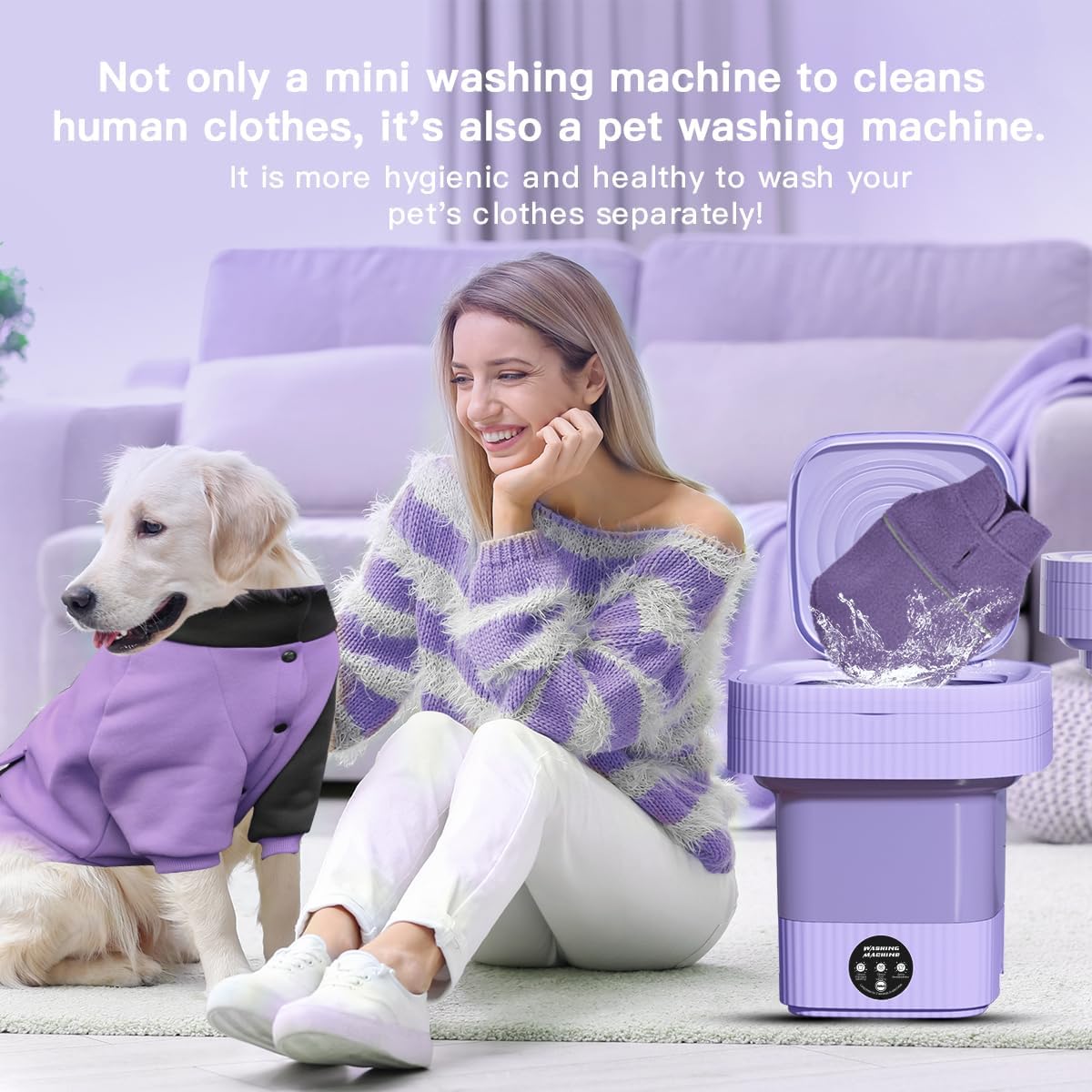 ForKumi 9L compact laundry machine in lavender with a woman and dog wearing matching purple clothes