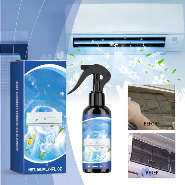 ForKumi HVAC cleaning spray with spray bottle and blue packaging showing before and after air conditioner filter cleaning