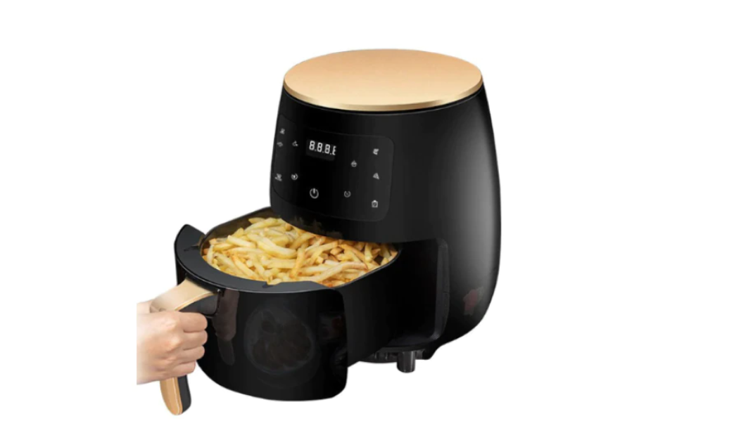 ForKumi 6L air fryer bundle in black with digital touchscreen and basket full of fries