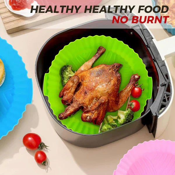 ForKumi 6L air fryer bundle with roasted chicken and vegetables inside a green silicone liner