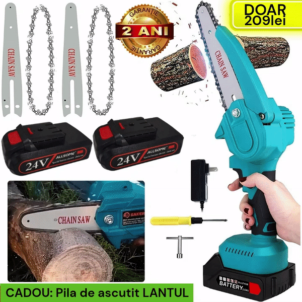 ForKumi 24V cordless mini chainsaw kit with two batteries, extra chains, and accessories for home use